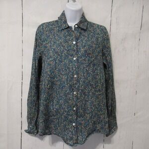 By Trovata Birds Of Paradise Top S Blue Ditsy Floral Dark Academia Button Up